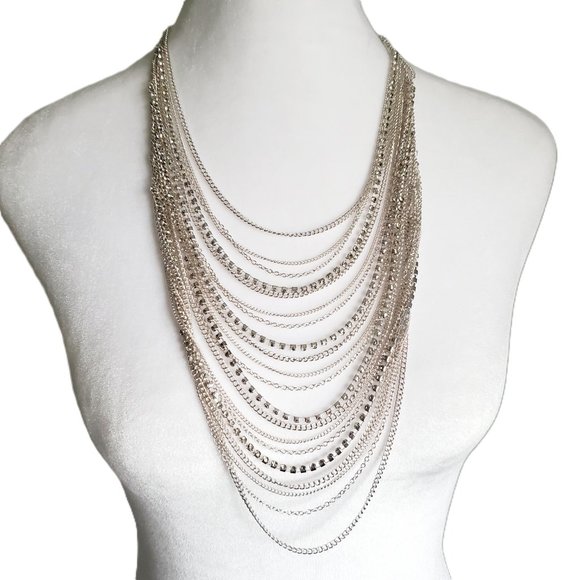 Multi-strand Silver Statement Bib Necklace Layered Chains Strands & Rhinestones - Picture 1 of 5